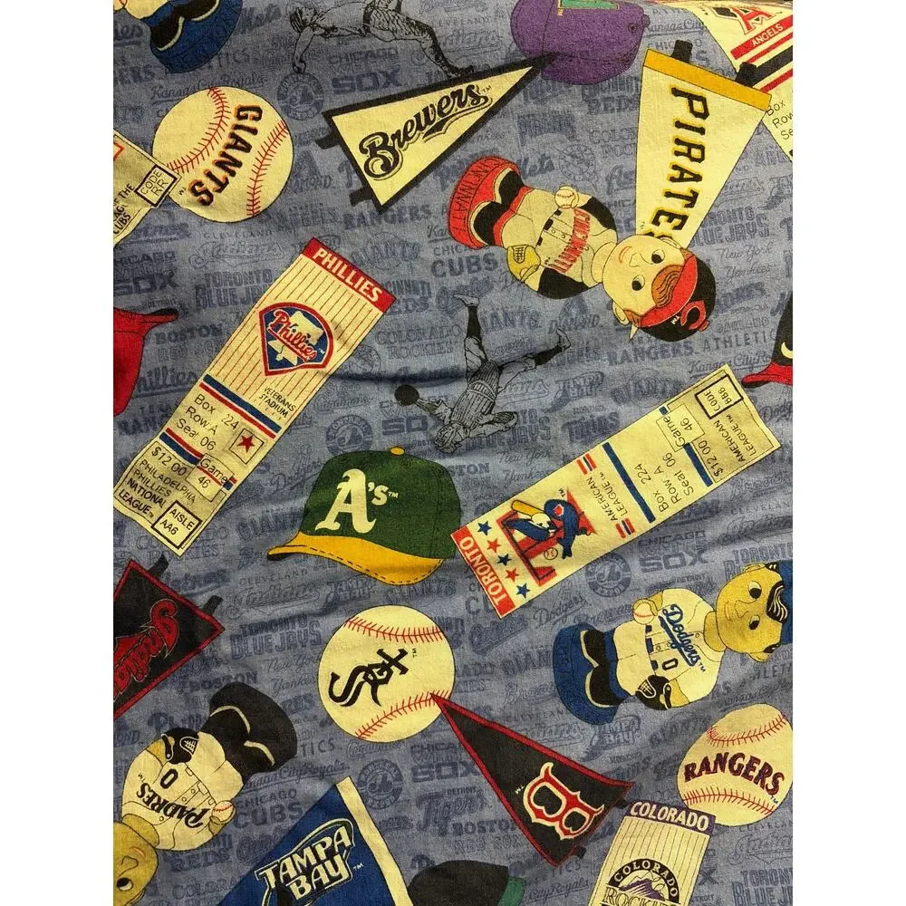 Vintage MLB Baseball Favric All Team Pennant Mascot Ticket Stub Cotton Quilt VTG